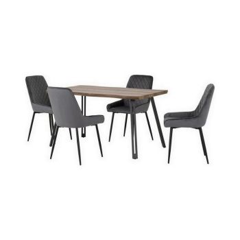 Quebec Wave Edge Dining Set with Avery Chairs - Medium Oak Effect/Black/Grey Velvet