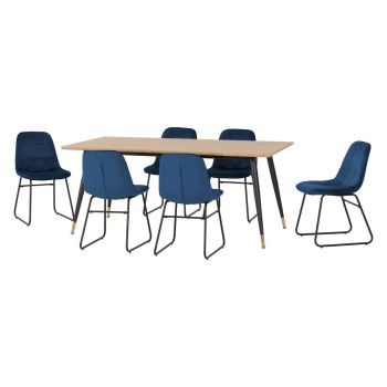 Hamilton & Lukas Large Indoor Dining Set - Medium Oak Effect/Sapphire Blue Velvet