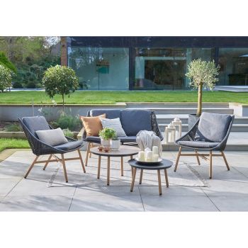 Keswick 4 Seat Dining Set - Wood Look Aluminium Frame with Black Wicker - Black/Dark Stone