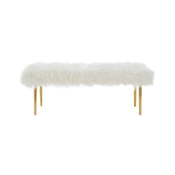 Clarence Natural Fur Effect Bench - Metal/Textile - L47 x W120 x H46 cm - White
