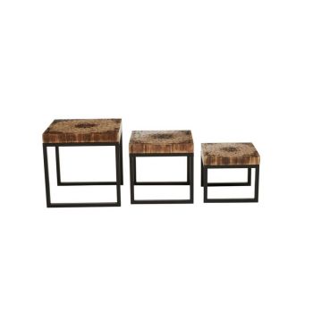 Malang Tables (Set of 3) - Metal/Wood - L58 x W58 x H60 cm - Black/Natural