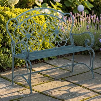 111cm Vintage Garden Bench in Antique Finish - Metal - L103 x W46 x H111 cm - Blue/Gold