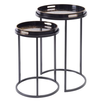 Coral Design Side Tray Tables (Set of 2) - Iron/GlaSS/Plastic - Black/Gold