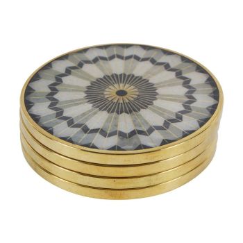 Circular Design Coasters (Pack of 4) - Brass/Resin/Wood - L10.2 x W10.2 x H3 cm - Gold/Black/Grey