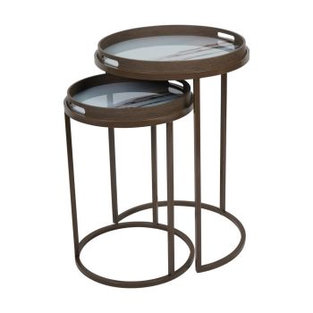 Blurred Seascape Side Tray Tables (Set of 2) - Iron/Glass/Plastic - L47 x W47 x H68 cm - White/Brown