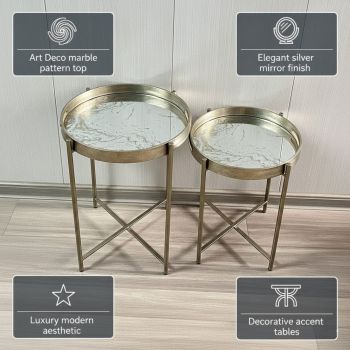 43/53cm Round Tables (Set of 2) - Art Deco Marble Pattern Top - L36 x W36 x H45 cm