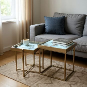 53/45cm Square Tables (Set of 2) - Marble-look Tabletop - L32 x W32 x H45 cm