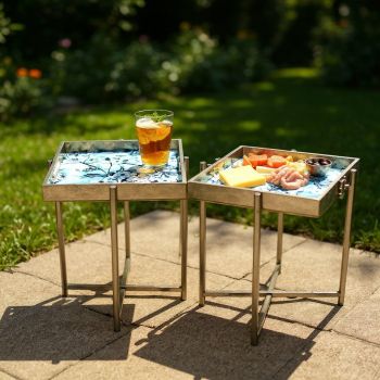 53/45cm Square Tables (Set of 2) with Marble-Effect Tray Tops - L32 x W32 x H45 cm