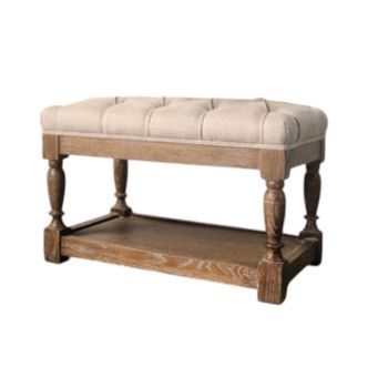 62cm Wooden Frame Buttoned Stool - Wood/Linen - L62 x W48 x H37 cm