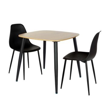 Aspen Light Oak Square Table & 2 Black Curve Chair Set - MDF/Metal/Plastic - L52 x W46 x H84 cm