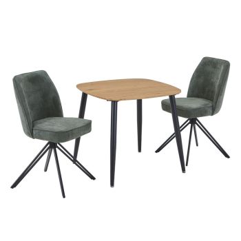 Aspen Light Oak Square Table & 2 Green Swivel Dining Chairs - MDF/Metal/Fabric - L69 x W46 x H92 cm