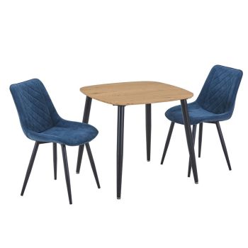 Aspen Light Oak Square Table & 2 Blue Fabric Chair Set - MDF/Metal - L54 x W53.5 x H85.5 cm