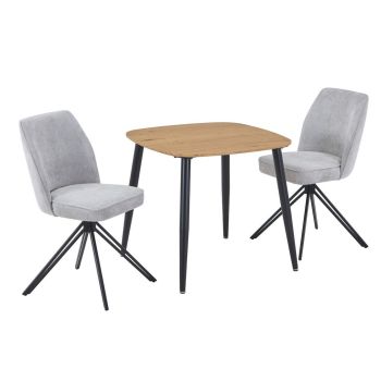 Aspen Light Oak Square Table & 2 Light Grey Swivel Dining Chairs - MDF/Metal/Fabric - L69 x W46 x H92 cm
