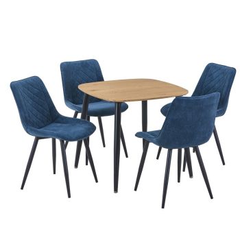 Aspen Light Oak Square Table & 4 Blue Fabric Chair Set - MDF/Metal - L54 x W53.5 x H85.5 cm