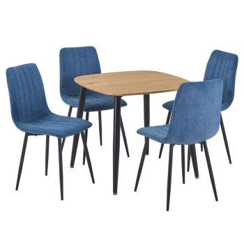 Aspen Light Oak Square Table & 4 Blue Fabric Chair Set - MDF/Metal - L54 x W44 x H88 cm