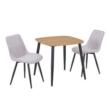 Aspen Light Oak Square Table & 2 Natural Fabric Chair Set - MDF/Metal - L54 x W53.5 x H85.5 cm