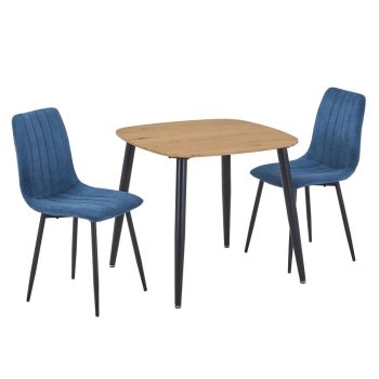 Aspen Light Oak Square Table & 2 Blue Fabric Chair Set - MDF/Metal - L54 x W44 x H88 cm