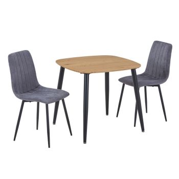 Aspen Light Oak Square Table & 2 Grey Fabric Chair Set - MDF/Metal - L54 x W53.5 x H88 cm
