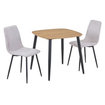 Aspen Light Oak Square Table & 2 Natural Fabric Chair Set - MDF/Metal - L54 x W53.5 x H88 cm