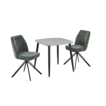 Aspen Grey Oak Square Table & 2 Green Swivel Dining Chairs - MDF/Metal/Fabric - L69 x W46 x H92 cm