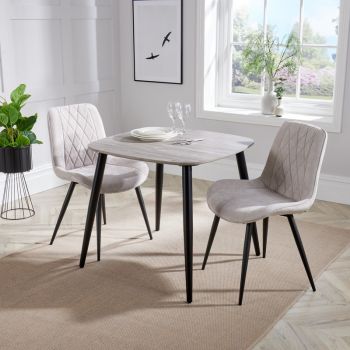 Aspen Tapered Legs Square Dining Table with 2 Diamond Stitch Dining Chairs - Grey Oak/Black/Natural - Flat Packed