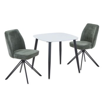 Aspen White Square Table & 2 Green Swivel Dining Chairs - MDF/Metal/Fabric - L69 x W46 x H92 cm