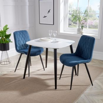 Aspen Tapered Legs Square Dining Table with 2 Diamond Stitch Cord Fabric Dining Chairs - White/Blue/Black - Flat Packed