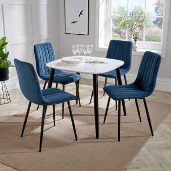 Aspen Tapered Legs Square Dining Table with 4 Straight Stitch Cord Dining Chairs - White/Black/Blue - Flat Packed