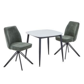Aspen Gloss White Sintered Stone Square Table & 2 Green Swivel Dining Chairs - Metal/Fabric - L69 x W46 x H92 cm