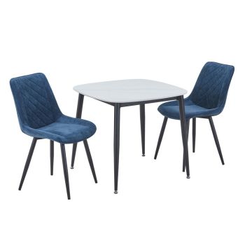 Aspen Gloss White Sintered Stone Square Table & 2 Blue Cord Fabric Chair Set - L54 x W53.5 x H85.5 cm