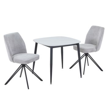 Aspen Gloss White Sintered Stone Square Table & 2 Light Grey Swivel Dining Chairs - Metal/Fabric - L69 x W46 x H92 cm