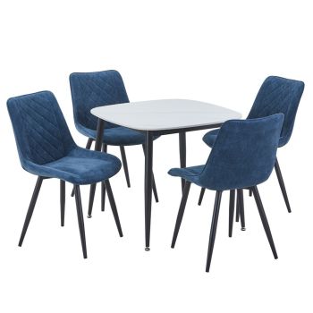 Aspen Gloss White Sintered Stone Square Table & 4 Blue Cord Fabric Chair Set - Metal - L54 x W53.5 x H85.5 cm