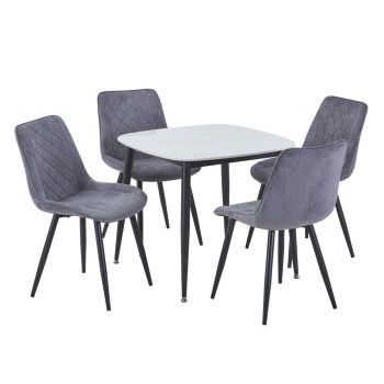 Aspen Gloss White Sintered Stone Square Table & 4 Grey Fabric Chair Set - Metal - L54 x W53.5 x H85.5 cm