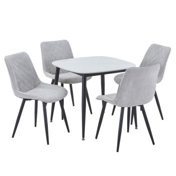 Aspen Gloss White Sintered Stone Square Table & 4 Light Grey Cord Fabric Chair Set - Metal - L54 x W53.5 x H85.5 cm