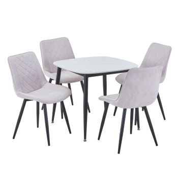 Aspen Gloss White Sintered Stone Square Table & 4 Natural Fabric Chair Set - Metal - L54 x W53.5 x H85.5 cm
