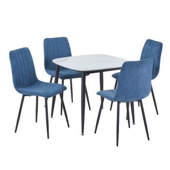 Aspen Gloss White Sintered Stone Square Table & 4 Blue Cord Fabric Chair Set - Metal - L54 x W44 x H88 cm