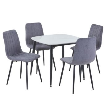 Aspen Gloss White Sintered Stone Square Table & 4 Grey Fabric Chair Set - Metal - L54 x W53.5 x H88 cm