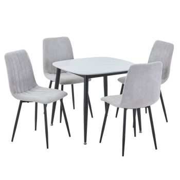 Aspen Gloss White Sintered Stone Square Table & 4 Light Grey Cord Fabric Chair Set - Metal - L54 x W44 x H88 cm