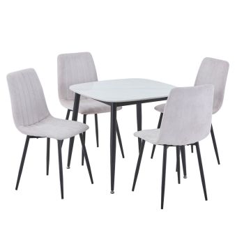 Aspen Gloss White Sintered Stone Square Table & 4 Natural Fabric Chair Set - Metal - L54 x W53.5 x H88 cm