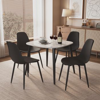 Aspen Gloss White Sintered Stone Square Table & 4 Black Curve Chair Set - Metal/Plastic - L52 x W46 x H84 cm