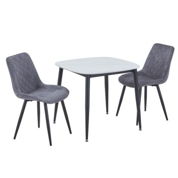 Aspen Gloss White Sintered Stone Square Table & 2 Grey Fabric Chair Set - Metal - L54 x W53.5 x H85.5 cm