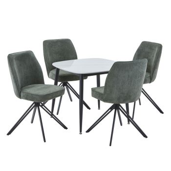 Aspen Gloss White Sintered Stone Square Table & 4 Green Swivel Dining Chairs - Metal/Fabric - L69 x W46 x H92 cm