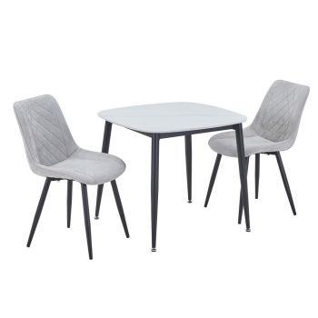 Aspen Gloss White Sintered Stone Square Table & 2 Light Grey Cord Fabric Chair Set - Metal - L54 x W53.5 x H85.5 cm