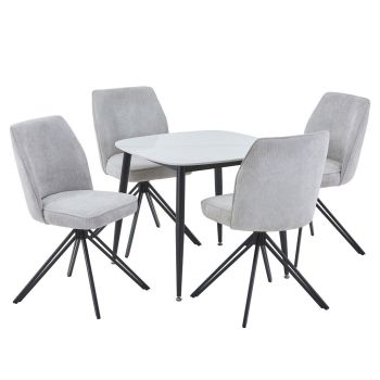 Aspen Gloss White Sintered Stone Square Table & 4 Light Grey Swivel Dining Chairs - Metal/Fabric - L69 x W46 x H92 cm