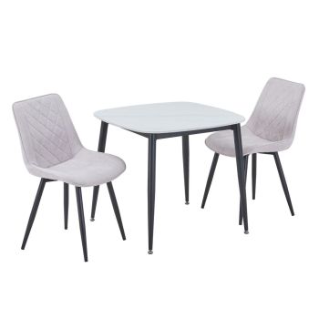 Aspen Gloss White Sintered Stone Square Table & 2 Natural Fabric Chair Set - Metal - L54 x W53.5 x H85.5 cm