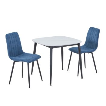 Aspen Gloss White Sintered Stone Square Table & 2 Blue Cord Fabric Chair Set - Metal - L54 x W44 x H88 cm