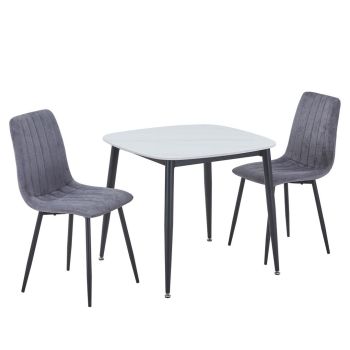 Aspen Gloss White Sintered Stone Square Table & 2 Grey Fabric Chair Set - Metal - L54 x W53.5 x H88 cm