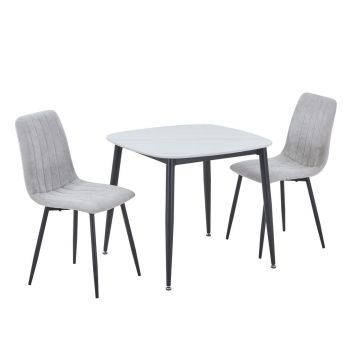 Aspen Gloss White Sintered Stone Square Table & 2 Light Grey Cord Fabric Chair Set - Metal - L54 x W44 x H88 cm