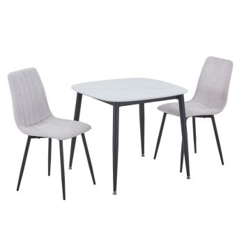 Aspen Gloss White Sintered Stone Square Table & 2 Natural Fabric Chair Set - Metal - L54 x W53.5 x H88 cm