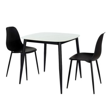 Aspen Gloss White Sintered Stone Square Table & 2 Black Curve Chair Set - Metal/Plastic - L52 x W46 x H84 cm